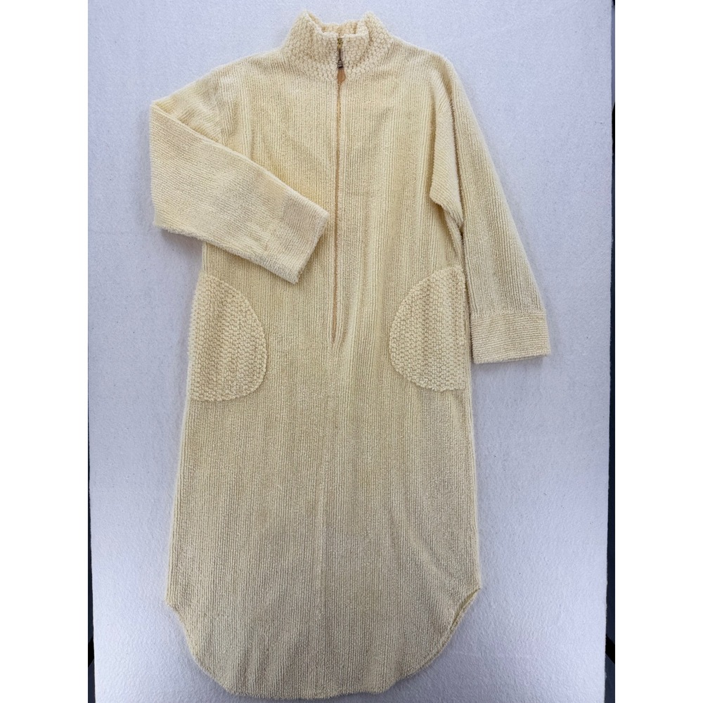 Vintage Stan Herman Women Cream Yellow Terry Cloth Half Zip Robe Loungewear